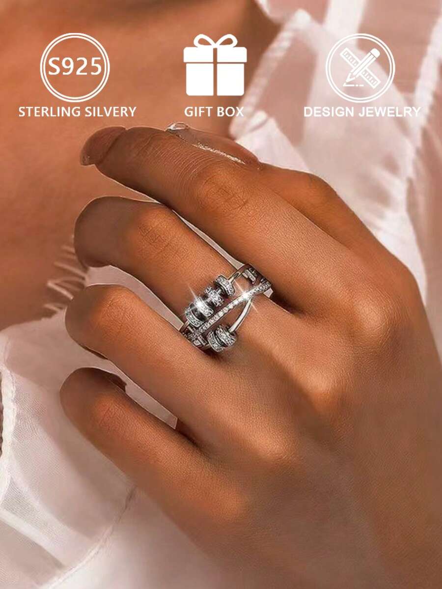 1 buah Cincin Perak Sterling 925 Elegan Mewah Minimalis, Bertatahkan Zirkonia Kubik, Desain Geometris, Dapat Diatur Ukurannya - Perak - View 1