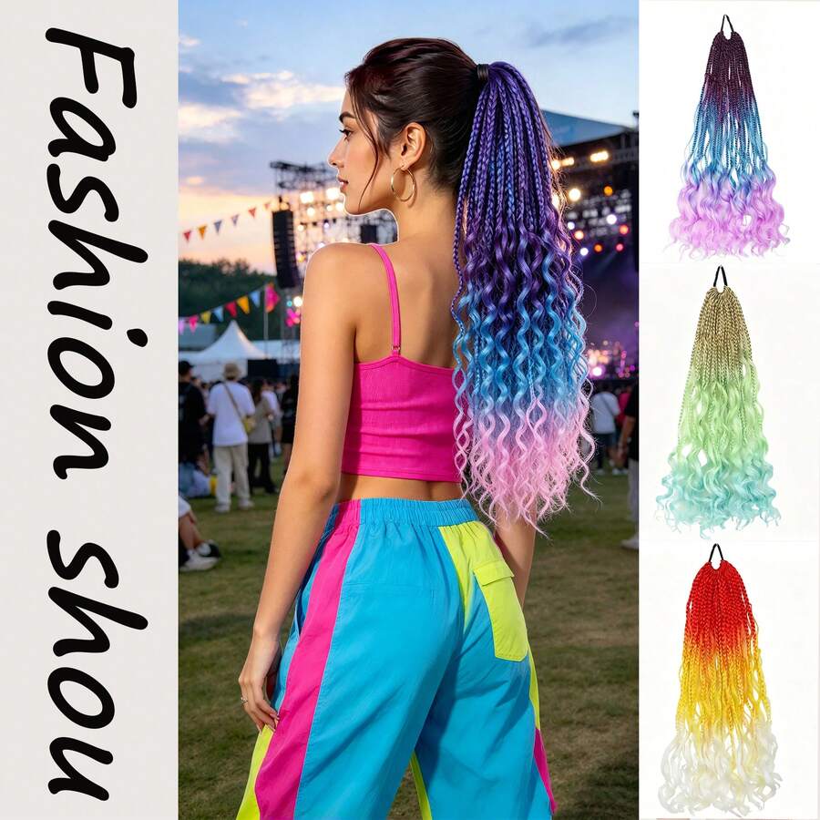22inch Women's 3-Color Iridescent Curly Rope Hair Extension With Elastic Hair Tie, Bohemian Style For Holiday Party, Synthetic Fiber High Ponytail - Multicolor - View 1