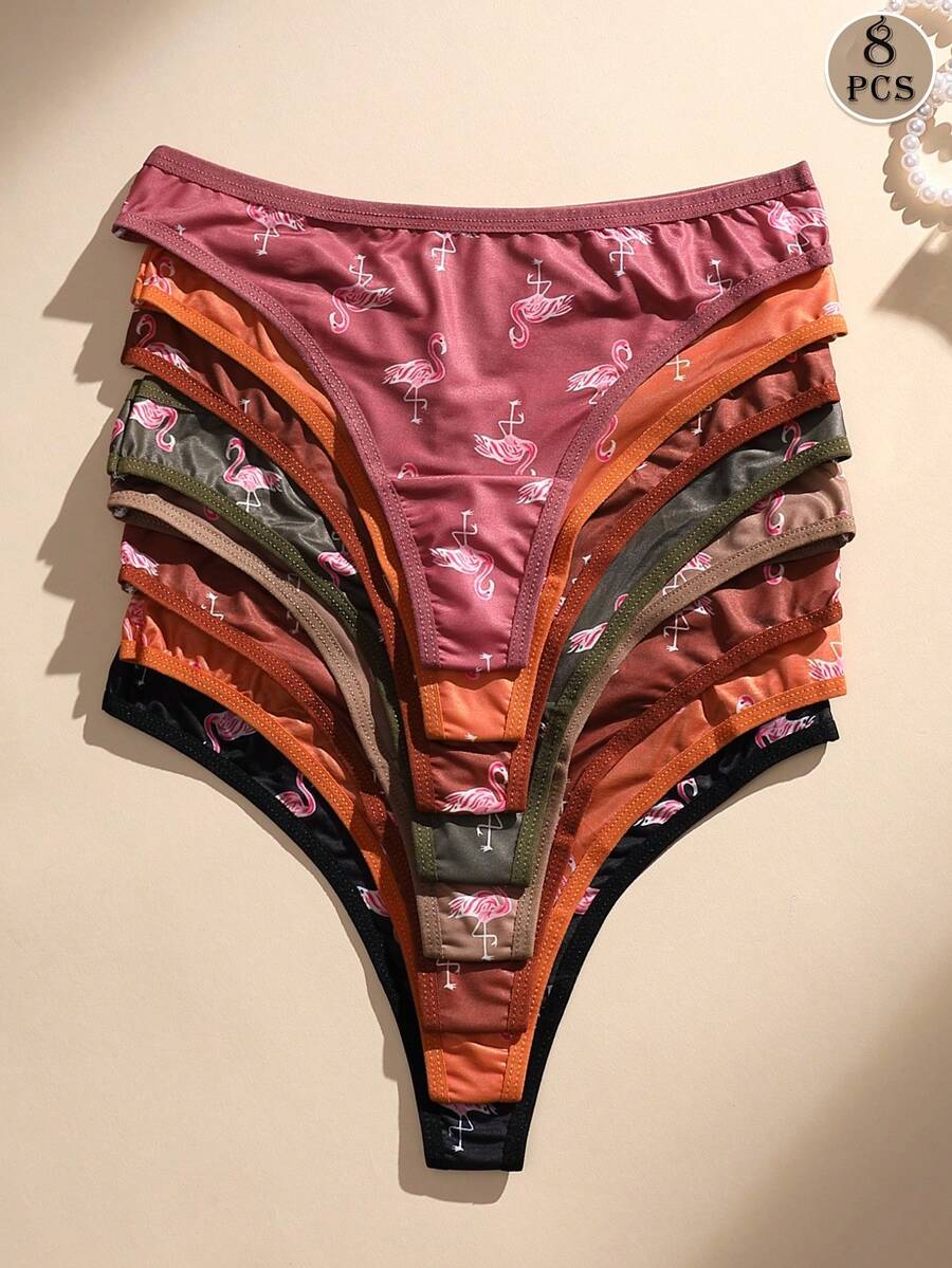 8 PCS Women's Flamingo Print Ice Silk Thong Underwear Seamless Low-Rise G-String Panties Soft Comfortable For Daily Wear, Sports Yoga Briefs