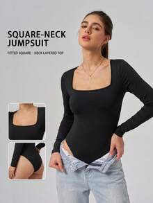 Women's Square Neck Slim Fit Jumpsuit, Solid Color, Slimming Design, Suitable For Outings, Sports, Home Leisure And Daily Wear - Black - View 10
