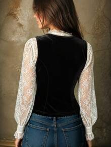 Women's Vintage Royal Style Layered Velvet Vest, V-Neck Single-Breasted Slim Fit Waistcoat Top - Black - View 5