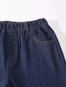 Tween Girl Elastic Waist Pocket Casual Loose Straight Leg Denim Jeans - Blue - View 5