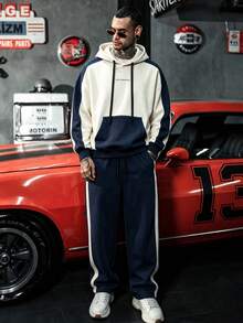 American Style Colorblock Letter Hoodie Sweatshirt Set, Navy Blue Side Stripe Straight Leg Sweatpants 2 Pieces Set - White - View 1