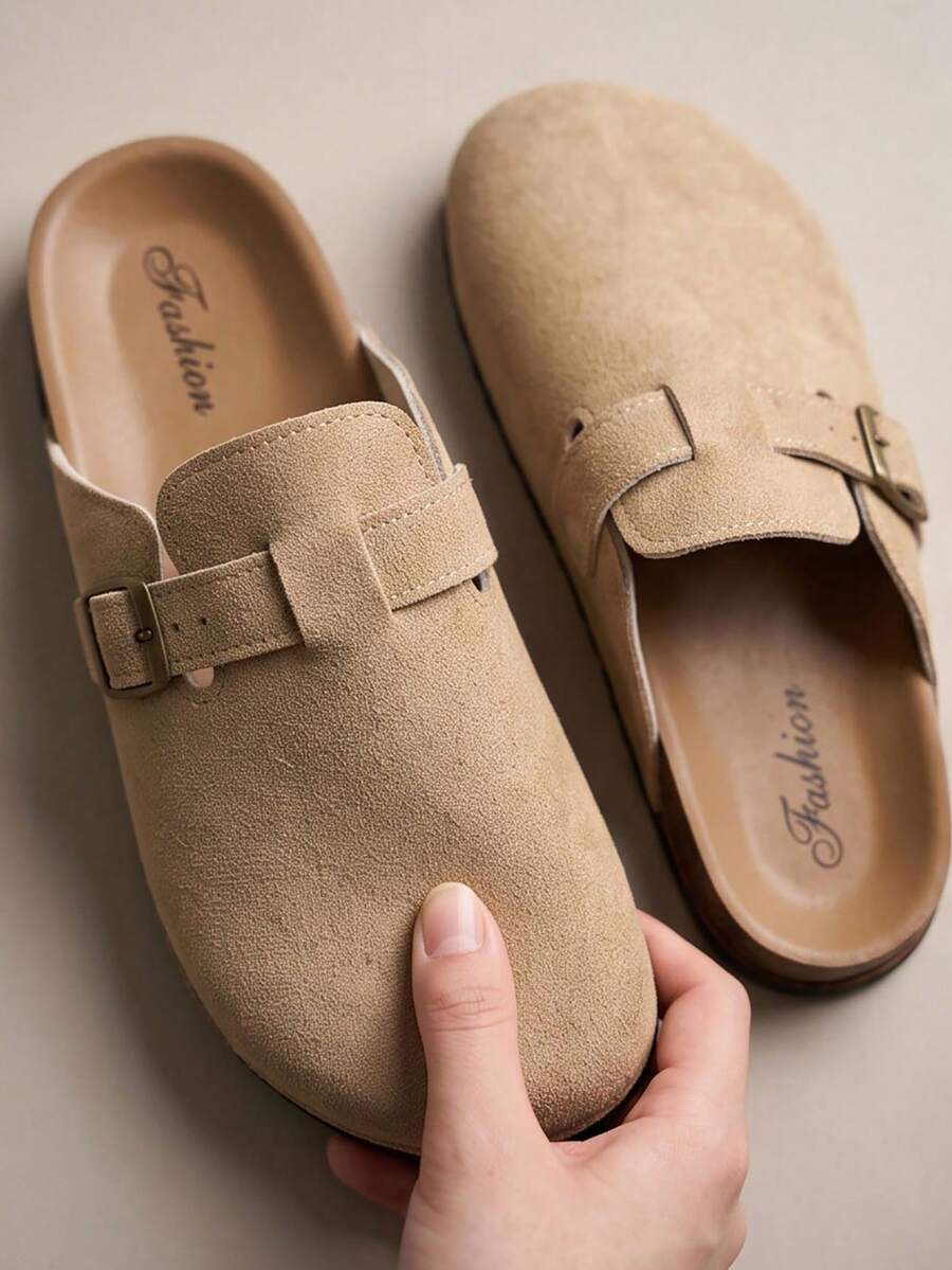 Women's Casual Mule Sandals With Metal Buckle Decor, Adjustable Strap, Comfortable Flat Slip-On Clogs In Camel Suede, Suitable For Various Casual Occasions, Simple Everyday Slouchy Shoes - Camel - View 1