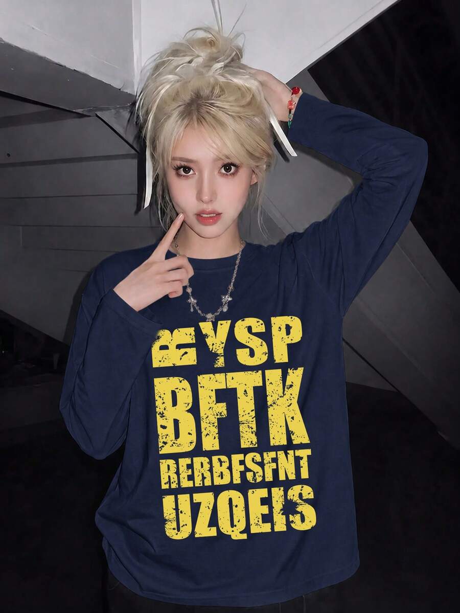 女款街頭風美式設計字母印花 T-shirt,寬鬆版型百搭休閒長袖上衣,海軍藍,秋季 - 藏青色 - 查看 1