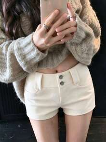 High Waist Double Button Vertical Stripe Elastic Slim Fit Flattering Shorts - White - View 8