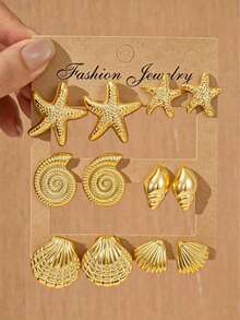 2/12pcs Shell, Starfish, Conch Lightweight Fashionable Personalized Summer Beach Style Gold Earrings Studs, Suitable For Beach Vacation, Summer Travel And Daily Wear - Gold - View 5