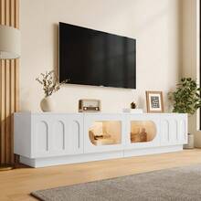 Retro-Style TV Cabinet / TV Stand With Elegant Design / Sturdy Construction, Load Capacity: 60 Kg / With Separate Display Area And Storage Space / Stable And Secure Feet / Suitable For The Living Room - White + MDF + Particle Board - View 3