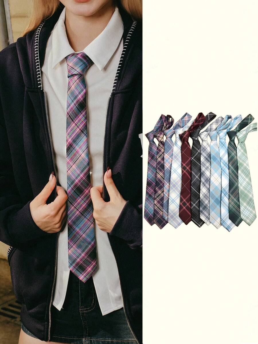 Popjeli 1pc Women Casual Plaid Striped Pattern Necktie, Suitable For Dating, School, Outings, And Photo Shoots, All Seasons For Dress For Christmas Decor - Multicolor - View 1
