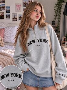 Sudadera para niña preadolescente de 1 pieza con estampado, forro térmico, gruesa y cálida, cuello alto y cuello vuelto, ropa para estudiante joven, top de manga larga para otoño/invierno infantil - Gris - Ver 1