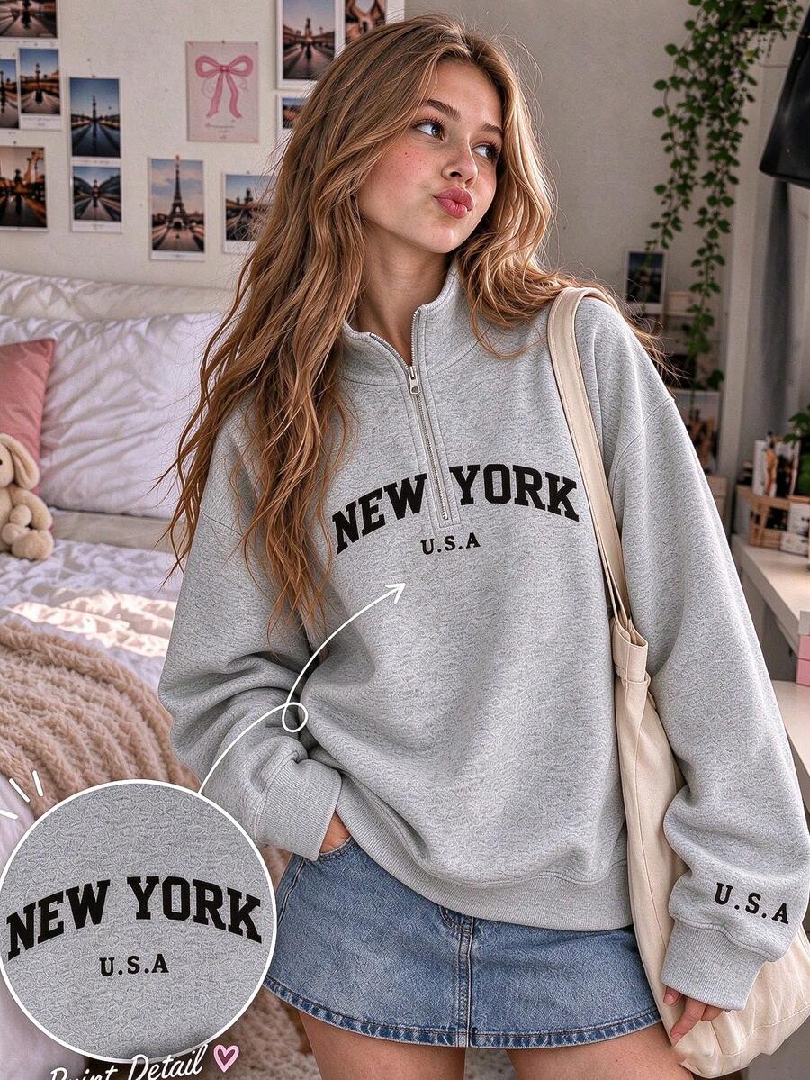 Sudadera para niña preadolescente de 1 pieza con estampado, forro térmico, gruesa y cálida, cuello alto y cuello vuelto, ropa para estudiante joven, top de manga larga para otoño/invierno infantil - Gris - Ver 1