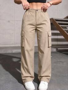 Women's Summer/Autumn Solid Color Multi-Pocket Cargo Pants, Straight Leg, Outdoor Sports Long Pants - Khaki - View 4
