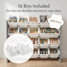 Organizador de Juguetes de Madera Extra Grande con 16 Bandejas Plásticas Blancas, Gabinete de Almacenamiento para Niños Gris y Blanco, Estante de 4 Niveles para Recámara, Sala de Juegos y Guardería, 106.7 * 39.4 * 88.9 cm - Gris/blanco - Ver 3