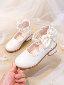 Girls' White Princess Dress Shoes With Pearl Bow, Double Strap Pearl Hook And Loop Design, High Heel Shoes For Stage, Banquet, Performance, Wedding Flower Girl - White - View 4