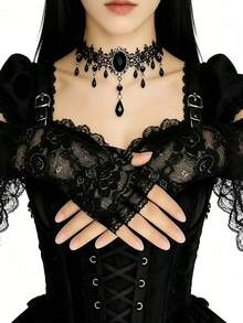 Women's Gothic Style Accessory Set - Black Lace Fingerless Gloves & Velvet Choker Necklace, Suitable For Halloween, Prom, 1920s Themed Party And Gothic Cosplay Events - Multicolor - View 5