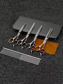 7pcs Hair Cutting Scissors Set, Straight Scissors + Thinning Scissors + Curved Scissors + Comb + Pouch, Professional Hairdresser Scissors Set, Straight Scissors Thinning Scissors Seamless Cutting, Stainless Steel Material, Self Hair Cutting Dedicated, Pet Grooming Scissors Set, Pet Hair Trimming Curved Scissors Straight Scissors Bangs Nail Trimming Thinning Scissors, Suitable For Cats, Dogs, Rabbits And Other Pets - Multicolor - View 2