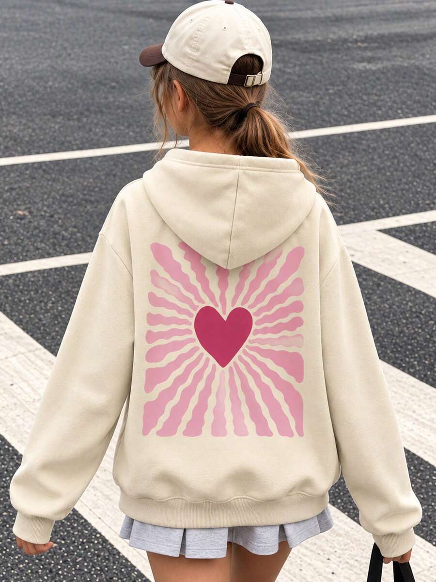 Tween Girl 1pc Fleece Lined Warm Hooded Sweatshirt, Tween GirlsLong Sleeve Warm Pullover Sportswear, Casual Autumn/Winter Basic Hooded Top - Apricot - View 1