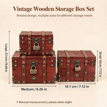 QINBEIYOU 1pc Vintage Wooden Storage Chest With Password Lock, Decorative Treasure Box With Leather Handle & Metal Corner Protector, Desktop Jewelry Document Trinket Organizer, Retro Home Decor Photo Prop - Dark Grey - View 3