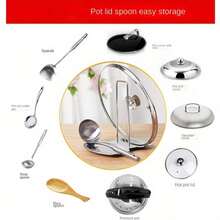 1pc Heavy Duty Pot Lid Rack With Dual-Compartment Drip Tray, Multi-Function Countertop Spoon Holder, Detachable Kitchen Utensil Storage Rack For Pot Lids, Spatulas, Ladles, Cooking Spoons, Keeps Kitchen Countertop Organized - Silver - View 6
