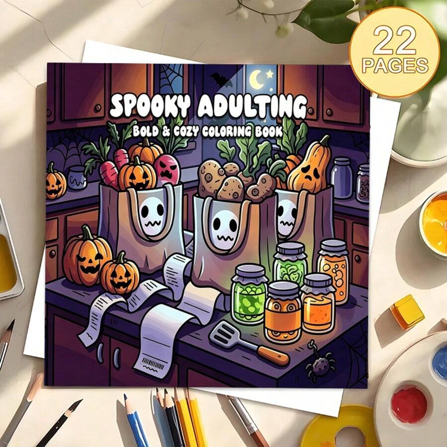 Spooky Cute Halloween Coloring Book, Spooky Adulting Bold & Cozy Pumpkin Grocery Vegetable Jar Spider Web Kitchen Scene Coloring Pages, Stress Relief Activity Book, Art Craft DIY Gift For Adults Teens - Single Piece - View 1