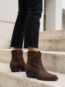 Women's Brown Western Ankle Boots, Pointed Toe, Low Block Heel, Suede-Look Cowboy Boots For Fall Winter - Brown - View 1