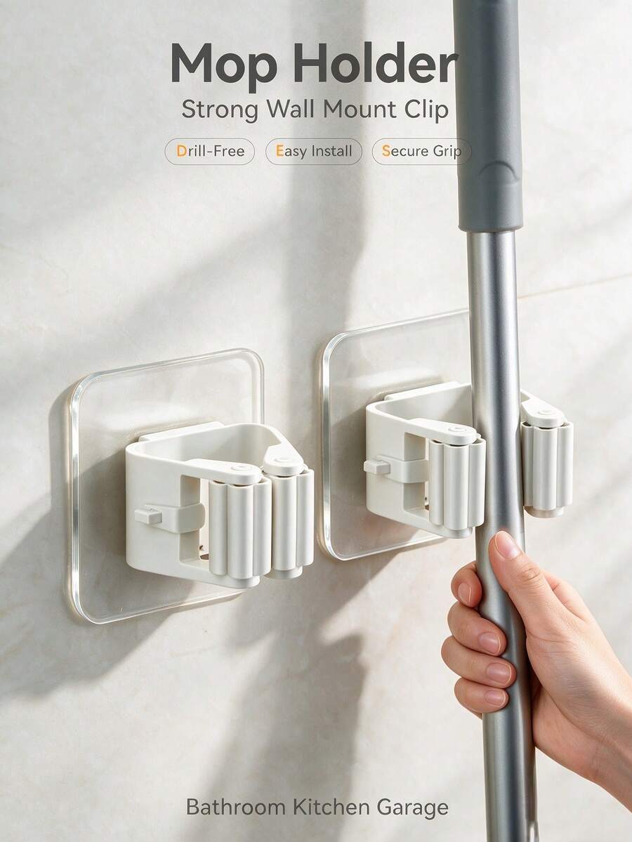 8 Slot Wall Mount Mop & Broom Holder, Heavy Duty No Drill Rack. Strong Clip Rustproof Plastic, Space Saver For Garage, Laundry, Pantry, Bathroom, Kitchen, Shed. Multifunctional Hanger For Wet Mops, Brooms & Garden Tools - Multiple Styles - View 1
