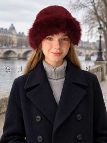 1pc Women's Solid Color Sweet Cute Elegant Warm Versatile Fashion Polyester Faux Fur Hat For Autumn/Winter Daily Wear - Burgundy - View 1