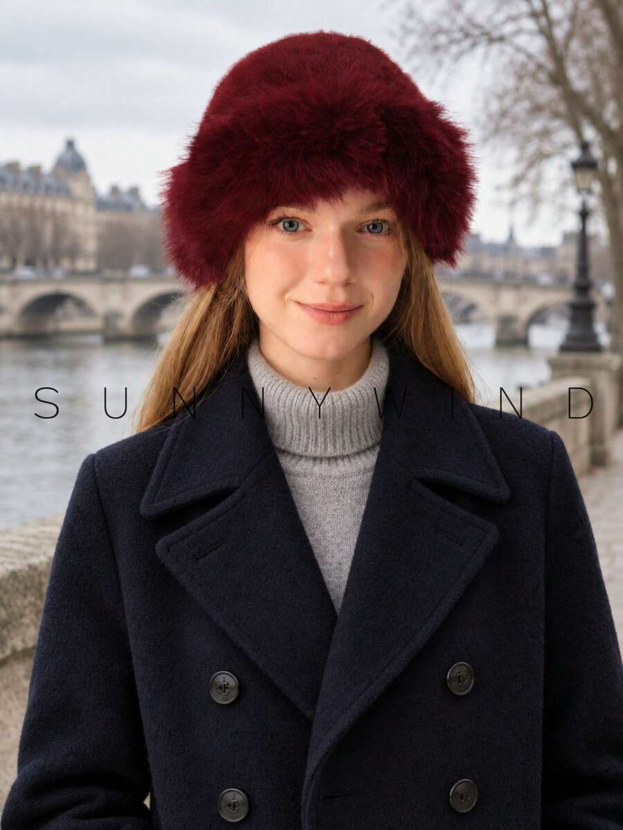 1pc Women's Solid Color Sweet Cute Elegant Warm Versatile Fashion Polyester Faux Fur Hat For Autumn/Winter Daily Wear - Burgundy - View 1