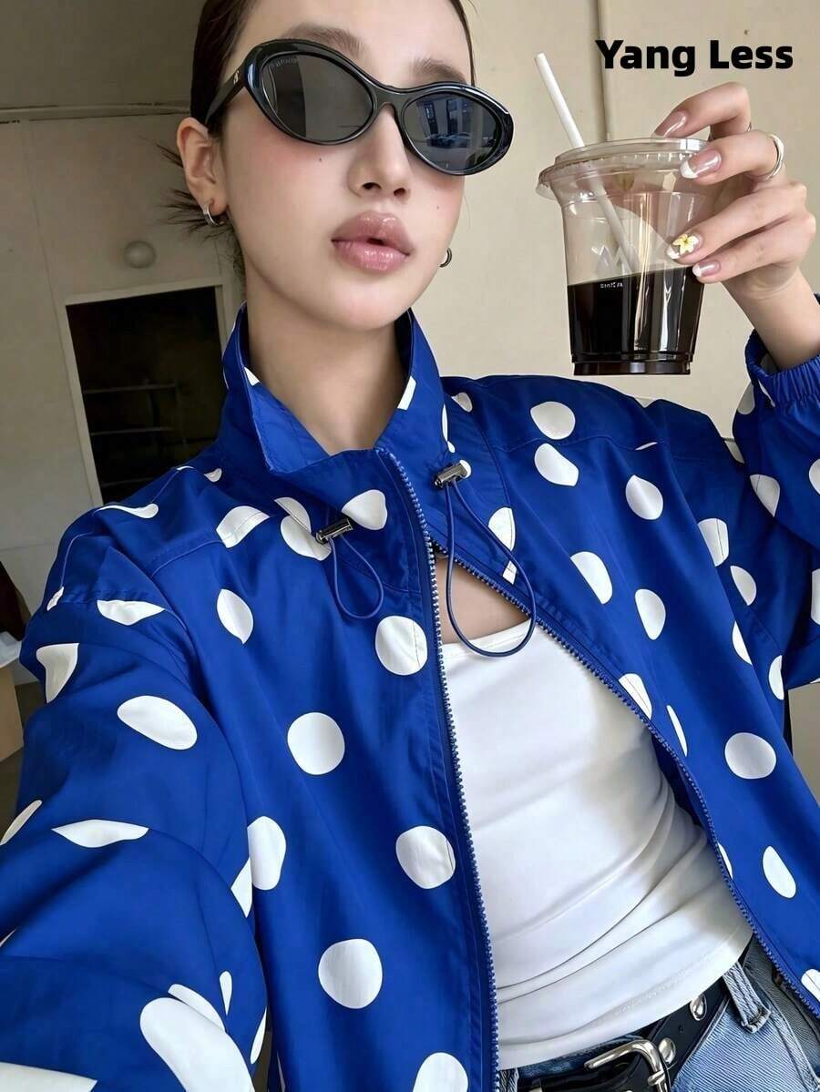 Women Jackets - Blue With White Polka Dots - View 1