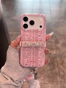 Korean Style Pink Floral Rhinestone Bow Phone Case Compatible With Apple 18 Pro Max, 17 Pro Max, 15, 16 Pro, 17 Pro, Full Coverage Anti-Drop Phone Cover With Lanyard For Women - Pink - View 2