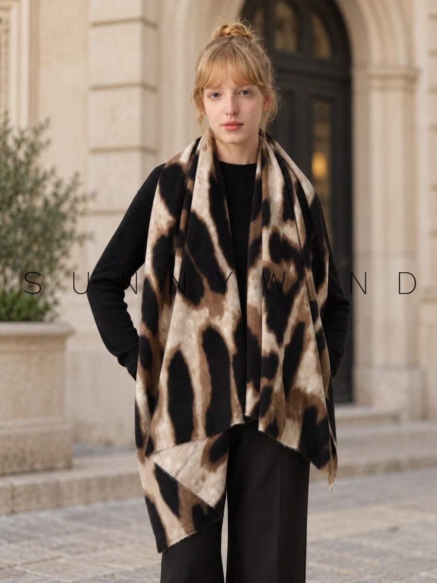 1pc Women's Leopard Print Fashion Street Casual Versatile Polyester Scarf For Autumn/Winter Daily Wear - Khaki - View 1