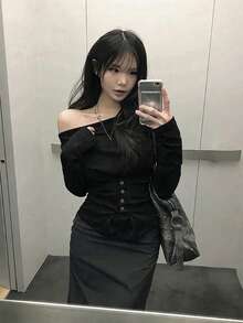 女款收腰鈕扣長袖T恤，露肩上衣，秋季 - 黑色 - 查看 3