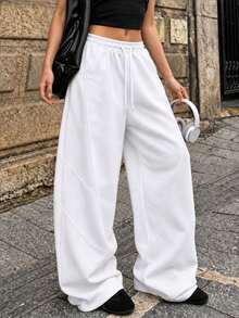 1pc Girls Teen American Street Style Creative Structure Outdoor Casual Loose Wide Leg Long Pants - White - View 7