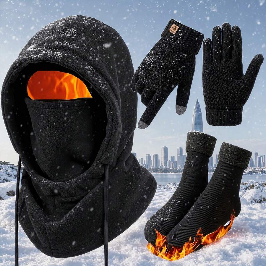 Winter Essential Set: Touchscreen Gloves, Thick Fleece Socks And Windproof Earflap Hat - 100% Polyester, Warm And Cold-Resistant, Suitable For Outdoor Activities And Winter Wear - A - View 1