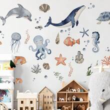 1Set Watercolor Ocean Animals Wall Stickers Marine Life Dolphin Whale ...