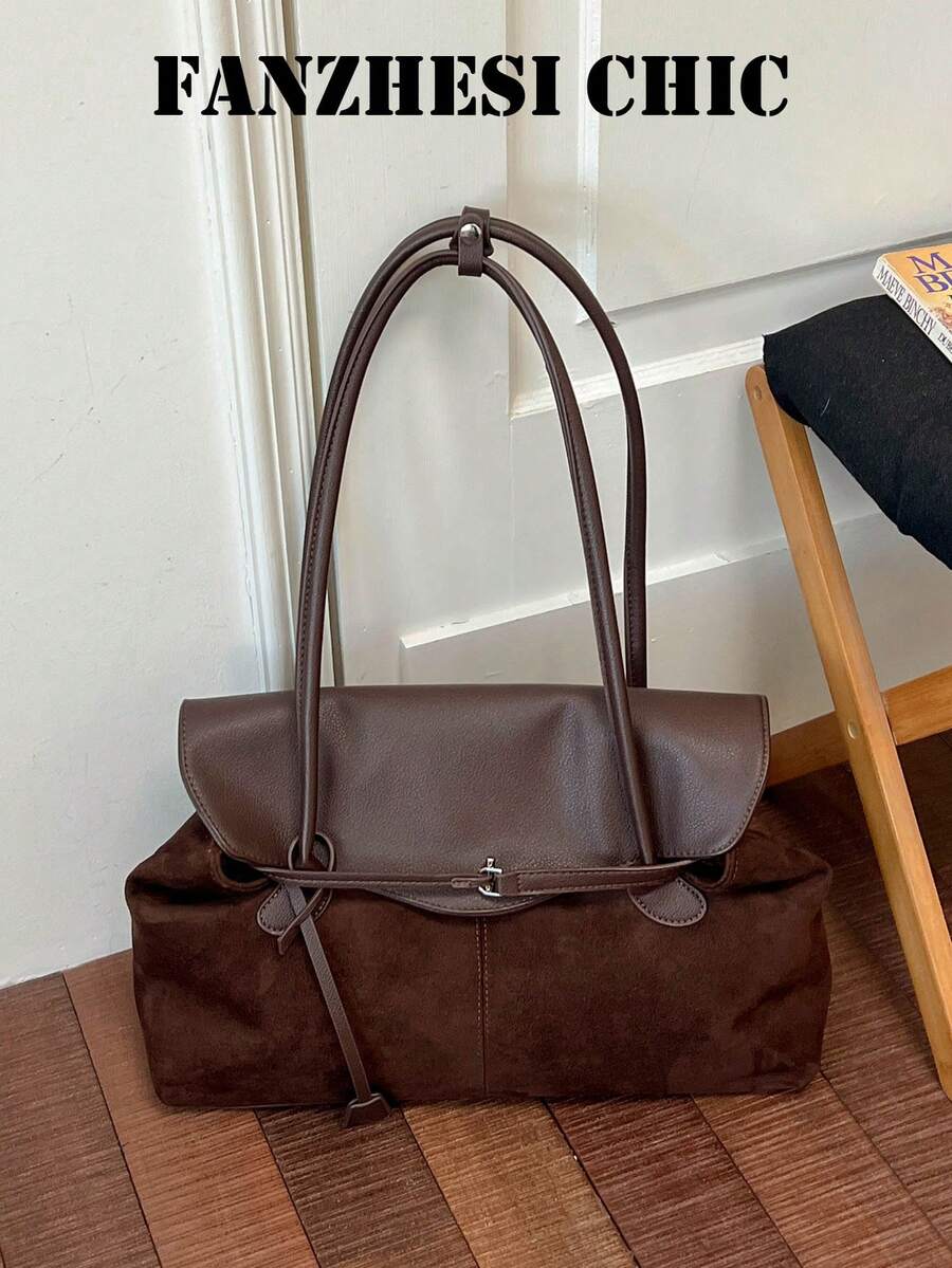 Large Capacity Tote Bag With Interior Storage, Vintage Maillard Slouchy ...