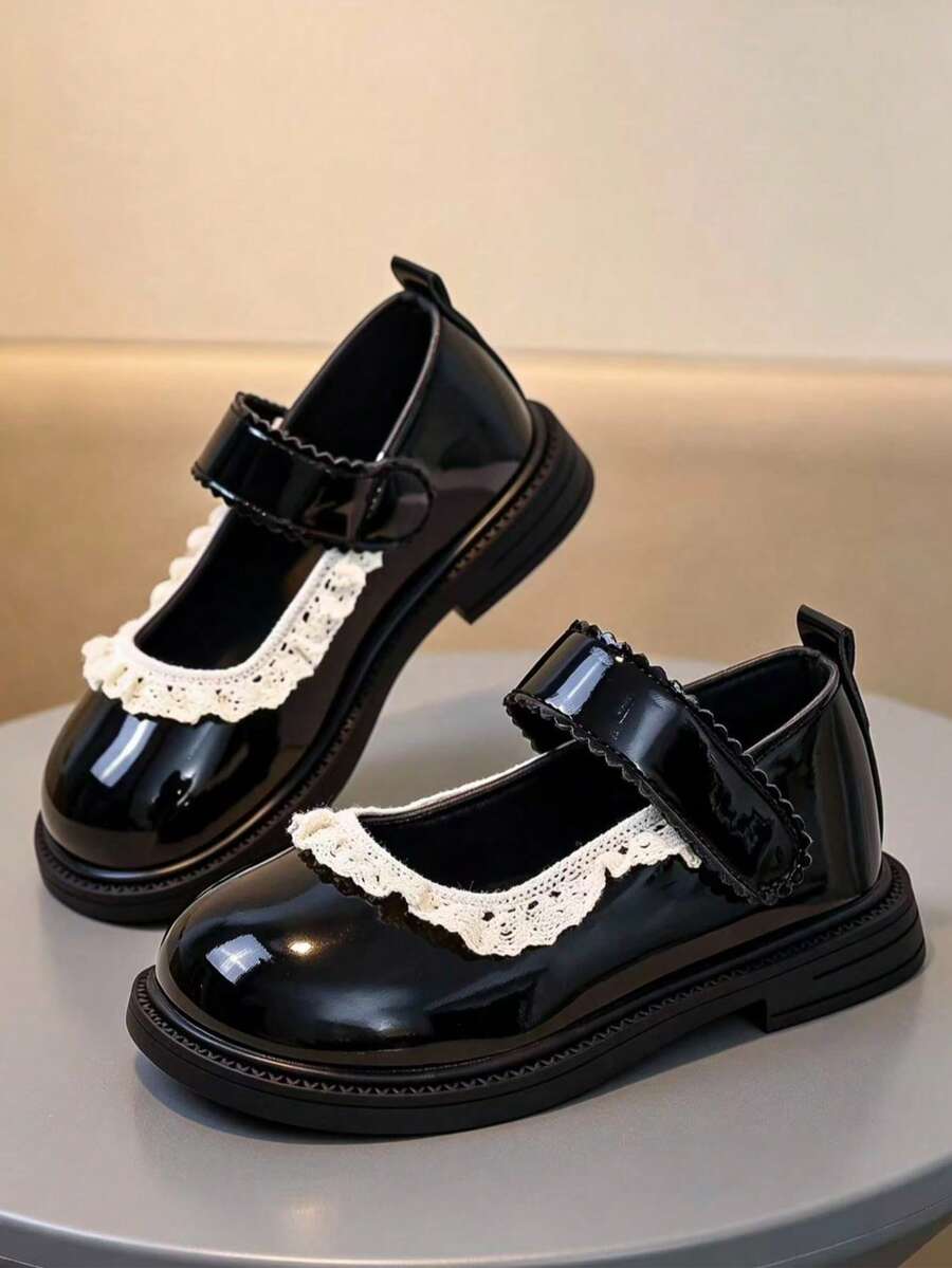 1 Pair Girls' Elegant School Shoes, Mary Jane Style, Black Synthetic ...