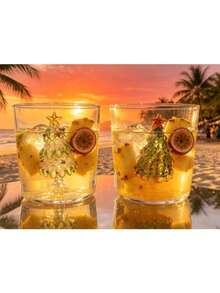 3D Christmas Tree Glass Cups, 2 Packs Clear Drinking Glass Tumblers, Festive Xmas Decor Glassware For Cocktail, Juice, Beverage, Christmas Gift For Home Party. - White + Green - View 3