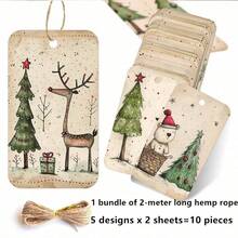 10 Cute Christmas Gift Tags With Jute Rope - Fun Holiday Designs Featuring Bear, Reindeer, Christmas Tree, Angel And Dog, Paper Party Gift Tags For Christmas Presents, Gift Wrapping And DIY Crafts - A - View 1