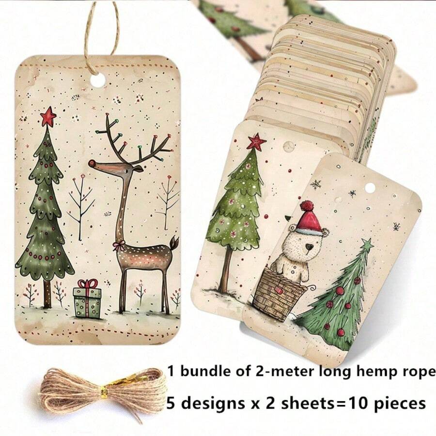 10 Cute Christmas Gift Tags With Jute Rope - Fun Holiday Designs Featuring Bear, Reindeer, Christmas Tree, Angel And Dog, Paper Party Gift Tags For Christmas Presents, Gift Wrapping And DIY Crafts - A - View 1