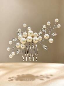 1pc Rhinestone Pearl Beaded 5-Prong Hair Comb, Women's Back-Of-Head Updo Hair Accessory, Bridal Wedding Banquet Elegant Side Hair Comb - Multicolor - View 6