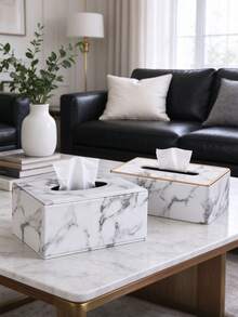 Gold Frame Marble Print PU Leather Napkin Tissue Box, Practical And Elegant, Suitable For Living Room, Bathroom And Office Desk, Multi-Functional Decorative Tissue Storage Box, For Daily Home Use - Black and White - View 6