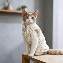 Pet Clothes Set Cat Autumn/Winter Home Daily Wear Devon Rex Striped Turtleneck Base Layer Bowknot Print Thickened Vest - White - View 6