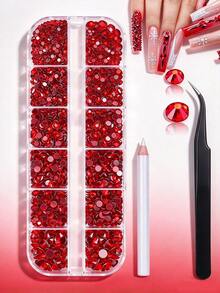 Set Rhinestone Kuku 12 Kotak Natal & Alat, Rhinestone Merah Natal Mengkilap Berbagai Ukuran dengan Pinset & Pena Pengambil, Perlengkapan Dekorasi Riasan Manikur DIY Rumahan - Merah - View 7