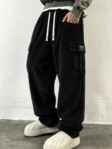 Men's Casual Sports Corduroy Cargo Pants, Loose Straight Leg Fit, Jacquard Design, Suitable For Home And Outdoor Activities,Couple Gift - Black - View 2