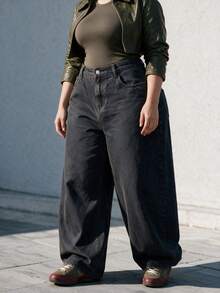 Women's Plus Size High Waist Wide Leg Denim Jeans, Black Casual Jeans - Black - View 4