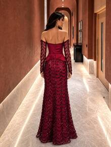 UNITHORSE[Random Cut]Bandeau Waist-Cinched Sequin Patchwork Satin Floating Panel Evening Dress - Burgundy - View 2