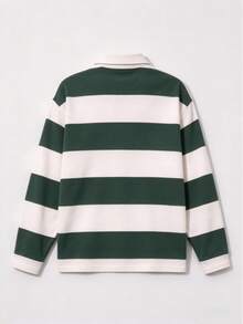 Men's American Vintage Green & White Wide Striped Long Sleeve Polo Shirt With Dragonfly Embroidery, Loose Fit Rugby Collar Top - Dark Green - View 6