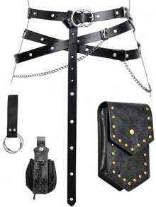 4pcs Medieval Vintage Faux Leather Multi-Strap Belt Set, Renaissance Rivet Waist Bag Small Pouch, Pirate Viking Cosplay Accessories, Suitable For LARP, Renaissance Fair, Masquerade, Halloween And Role Play - A - View 3