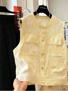 French Jacquard Hollow Out White Vest Women Summer New Loose Round Neck Sleeveless Tank Top - Yellow - View 2
